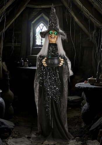 Fun Costumes 6.3FT Paisley the Potion-Maker Witch Animatronic | Life Size Witch with Cauldron Halloween Decoration with Lights Sounds for Haunted House or Yard