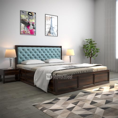 Image of DRIFTINGWOOD Dolvi Solid Sheesham Wood Queen Size Bed with Storage | Wooden Double Bed Cot Bed with Box Storage & Matt Cyan Velvet Upholstered Cushioned Headboard for Bedroom | Walnut Finish