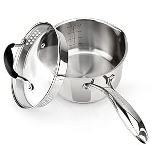 AVACRAFT Stainless Steel Saucepan with Glass Lid, Strainer Lid, Two Side Spouts for Easy Pour with Ergonomic Handle, Multipurpose Sauce Pan with Lid, Sauce Pot (Tri-Ply Capsule Bottom, 2.5 Quart)