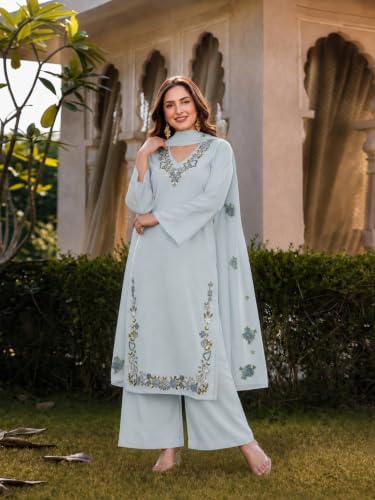 Image of ANNI Designer Kurta Sets for Women Viscose Blend Embroidered | Kurta Palazzo Dupatta Set | Designer Kurti Set for Women | V Neck Full Sleeve Ethnic Suit | Indian Kurta Outfit with Palazzo Pants