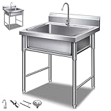 SQYHYTS Lavabo INOX Professionnel avec Robinet d'eau Froide Simple Et Accessoires Évier Utilitaire Autoportant De Restaurant Commercial Lavabo Mobile pour Aux Écoles, Jardins, Fermes,60 * 60 * 80cm