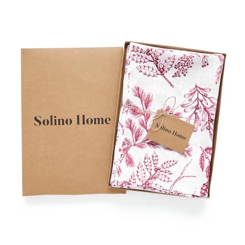 Solino Home 100% Pure Linen Christmas Cloth Napkins Set of 4 -Red/White Dinner Napkins 20 x 20 Inch - Handcrafted and Machine Washable - Winter Forest Print