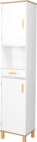 Knocbel Armario alto para el suelo de baño con cajones puertas dobles y compartimientos, organizador de almacenamiento de pie libre, 15.0in de largo