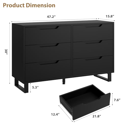 GarveeHome 6 Dresser for Bedroom, 47.2" Wide Dresser, Freestanding Vertical Drawer Cabinet with Storage, Wooden Closet Storage Chest for Living Room, Hallway, Entryway, Black