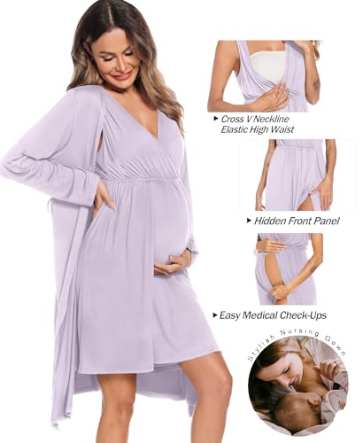 Image of SWOMOG Women Maternity Nursing Gown and Robe Set 3 in 1 Labor Delivery Nursing Nightgown for Breastfeeding Hospital Bathrobe