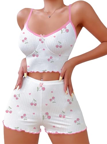 Image of Hilinker Womens Graphic Print Ribbed PJ Set Crop Cami Tops and Shorts Cute Pajamas Set