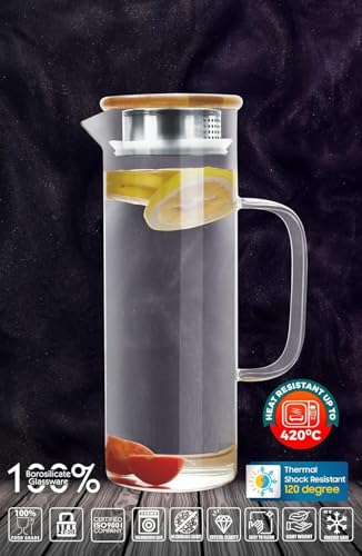Image of Borosilicate Glass 1 LTR Water Jug with Handle, Juice Beverage Carafe with Bamboo Lid, Big Glass Iced Tea Pitcher, 1 Pcs Set (Borosilicate 1 Liter Stright)