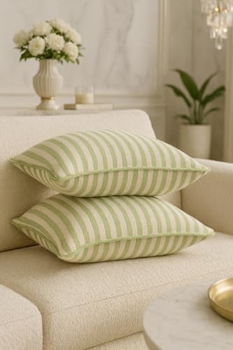 Image of 100% Cotton - Green and White Stripes Cushion Covers Set of 5 (16 x 16 inches) - Cushion Covers for Sofa & Living Room Decor