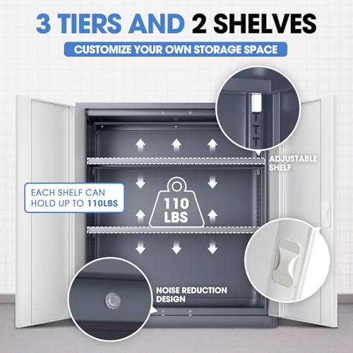 Image of DNA Motoring 36'' Metal Storage Cabinet, Locking Tool Cabinet with 2 Doors and 2 Adjustable Shelves, Heavy Duty Metal Locker for Garage,Office,Home,Gym, Gray White, TOOLS-00631-GY-WH-A