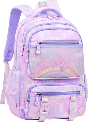 Mochila Escolar Infantil Menina Impermeável 41cm – Mochila Feminina Infantil Reforçada com Compartimentos, Abertura 180°, Multi Bolsos, Leve para Escola, Passeio e Viagem (Lilás Borboleta)