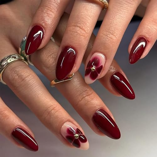 24 Pcs Dark Red Press on Nails Medium Almond WLGDLH Fake Nails with 3D Gold Pearl Flowers Designs Glossy False Nails Full Cover Acrylic Nail Art Tips Cute Glue on Nails for Women Manicure