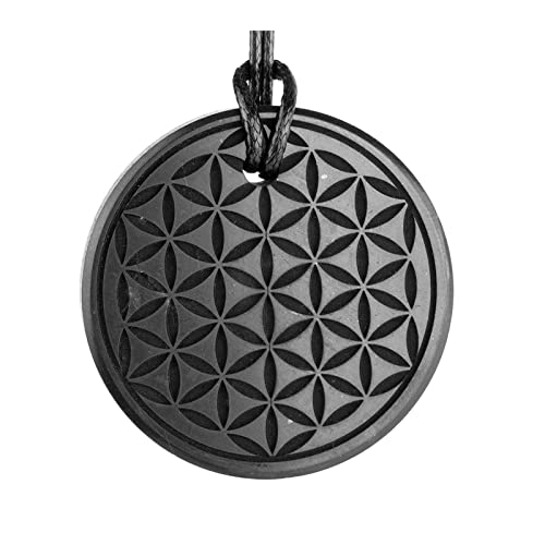 Shungite Pendants, Necklace and Amulets - Made of Authentic Russian c60 Stone - Engraved - 1.4 inches - Round Shape (Flower of Life)