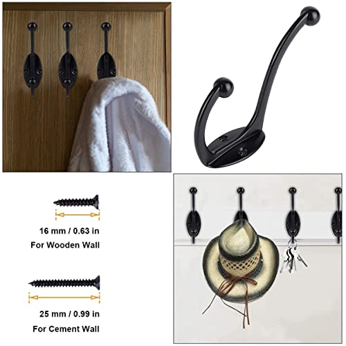 E-Senior 10 Pack Wall Hooks,Coat Hook for Hanging Towels Clothes Robes Double-Prong Wall Mounted Decorative Holder Hanger with Screws Farmhouse Rustic Hooks DIY Coat Rack Entryway (Black)