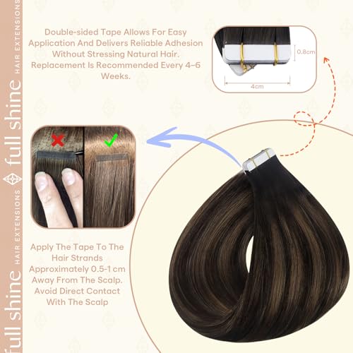 Image of Full Shine Human Hair Tape in Extensions, Dark Brown Highlight Mix 16 Inch | 50g 20PCS, Seamless Tape in Human Hair Extensions, Invisible Double Sided Design Natural Volume Soft Ash Brown Look