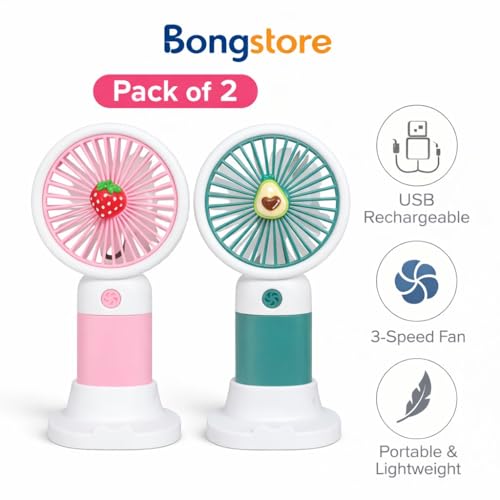 Image of Portable USB Rechargeable Mini Hand fan with stand 3 Speed Personal cooling fan for Home Office Travel outdoor use pack of 2 multicolor