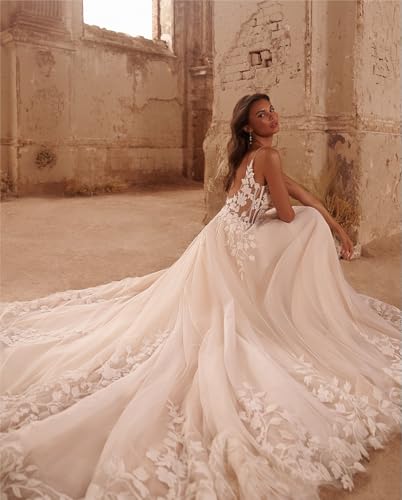 A Line Wedding Dresses for Bride Spaghetti Straps Backless Beach Floral Lace Bridal Gown Wedding Bride Gowns 6