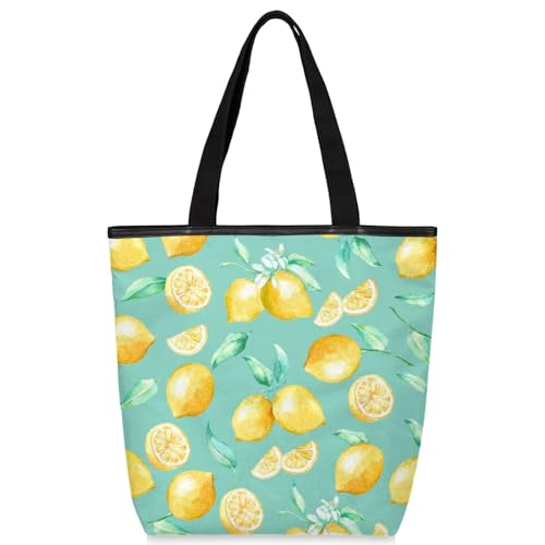 Watercolor Lemons Canvas Tote Bag Portable Shopping Bags Reusable Shoulder Tote Bag with Zipper for Travel Shopping Campaign Gym