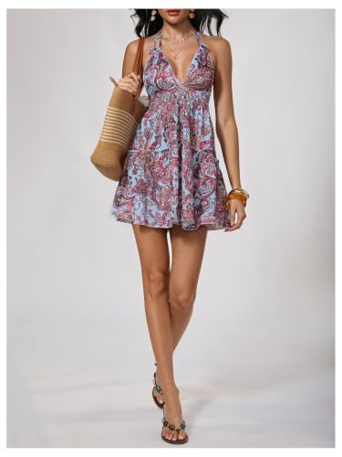 Image of SOLY HUX Women's Summer Boho Paisley Print Halter Dress Deep V Neck Tie Backless Sleeveless Mini Dresses Sundress