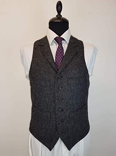Mens Charcoal Dark Grey Wool Blend Tweed Herringbone Slim Fit Wedding Tuxedo Waistcoat Suits Vest2