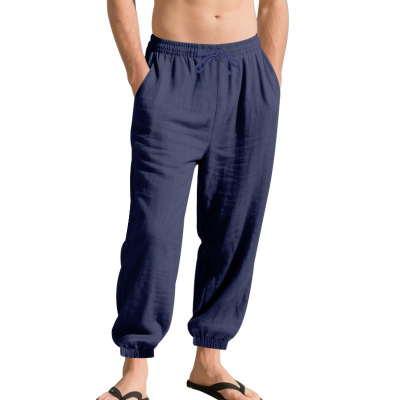 Men's Linen Blend Pants Lightweight Elastic Waist Drawstring Loose Fit Trousers with Pockets for Summer Beach Yoga