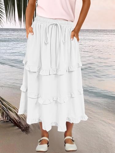 Image of Girls High Waisted Ruffle Maxi Skirt Soft Cotton Long Skirts with Elastic Waistband for Kid Girl 3-12 Years