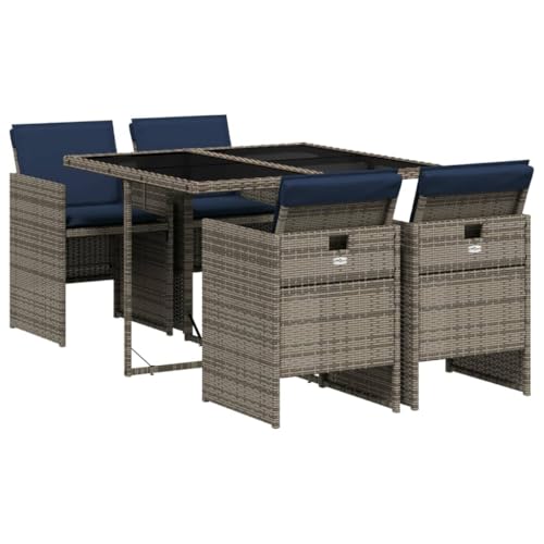 QJBSAVVA Ensemble de meubles de jardin 5 pièces avec coussins – Salon de salle à manger en rotin synthétique pour 4 personnes, design cube peu encombrant,...