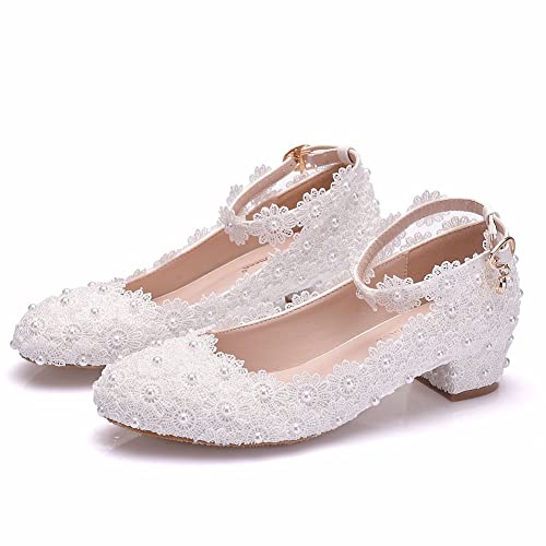 Women Lace Bridal Low Heel Shoes Pearl Floral Lace Ankle Strap Chunky Comfortable Round Closed Toe for Dress Wedding Prom Party