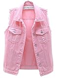 loveimgs Women's Fashion Sleeveless Regular Fit Lightweight Button Front Candy Color Ripped Denim Vest Jacket Pockets (Pink, Large)