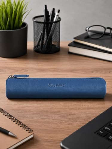 Image of Calfnero Genuine Leather Pen-Case for Men & Women | Premium Leather Pencil-Pouch with Zipper (Navy) | Cylindrical Pen-Holder Organizer for Pen, Pencils & Stationery | Unisex Pen-Sleeve
