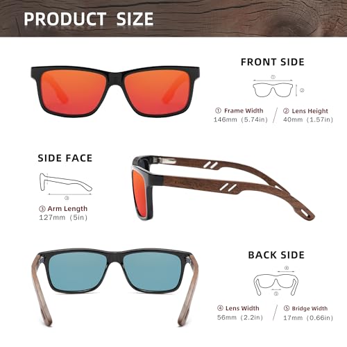 KINGSEVEN Design Wood Polarized Rectangular Sunglasses for Men, Walnut Wooden Frame Mirrored Glasses for Driving W55082