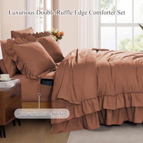 Image of Full Size Comforter Set Russet Ruffle 7 Pieces Farmhouse Bed in a Bag