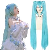 JoneTing Cyan Blue Wig Cosplay for Women Long Straight Wigs with Ponytails Synthetic Hair Wigs for A