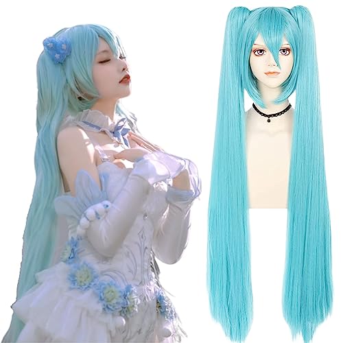 Joneting Cyan Blue Wig Cosplay For Women Long Straight Wigs With Ponytails Synthetic Hair Wigs For Anime Cospaly Peluca Azul Pigtail Wig For Halloween Party Wigs For Girls Costume #TOP7