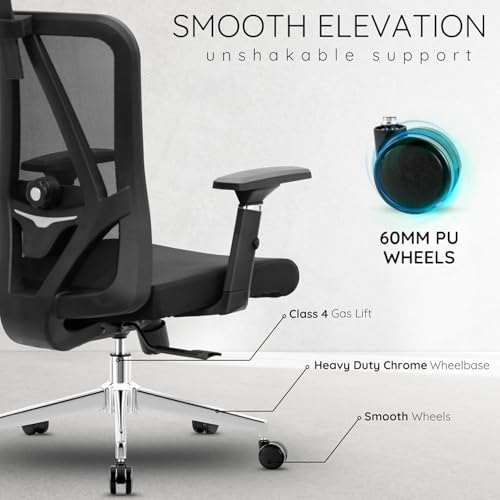 Image of Kinetix Ergonomic Office Chair for Work | Multi-Lock Synchro Tilt Mechanism | 5 Year Warranty | 3D Armrest | Adjustable Lumbar (Black, 3D with Multi Lock)