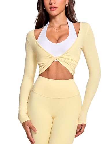INGIA Womens Long Sleeve Knot Top Twist Front Cropped Activewear Ribbed Shirt Ballet Pilates Yoga Gym Top Butter Small