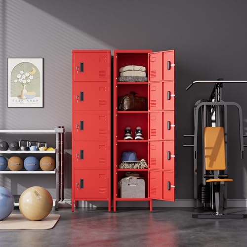 Image of Aobabo 16 inch W 5 Door Metal Storage Locker with Lock, 66 inch H Steel Locker with Name Card Holder and Metal Leg for School, Home, Office, Playroom, Assembly Required, Red