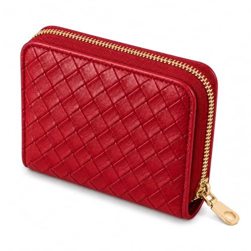 Ladies change card bag, zip storage bank card case, small portable 11 large capacity pouch, holds banknote change credit card(Braided pattern in red)