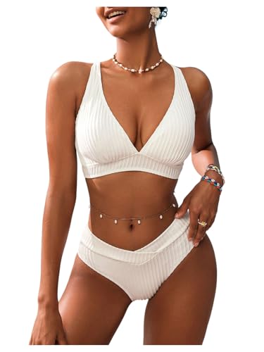 Women's 2 Piece Crossover High Waisted Bikini Set Textured V Neck Bathing Suit Swimsuit