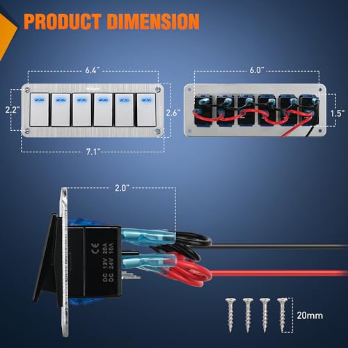 Nilight 6 Gang Rocker Switch Panel 3 Pin On Off Pre-Wired Blue LED Waterproof Aluminum with DIY Stickers for 12V 24V Automotive Cars Marine Boats UTV Truck Jeeps