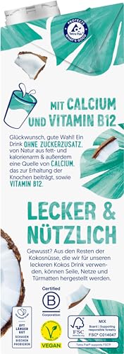 Alpro Kokosnussdrink mit Reis – Vegan, milchfrei, glutenfrei – Ohne Zuckerzusatz – Von Natur aus laktosefrei – Reich an Ballaststoffen, Calcium und Vitaminen– 8 x 1L – Haltbar