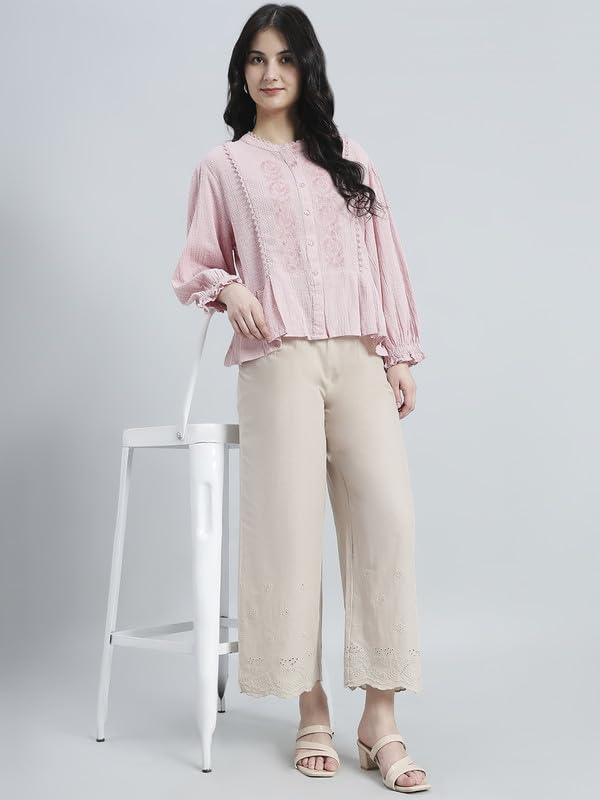 Image of GO COLORS Women Cotton Hakoba Wide Pant Ankle Length, Floral Embroidery, Relaxed Fit, Mid-Rise with Side Pocket