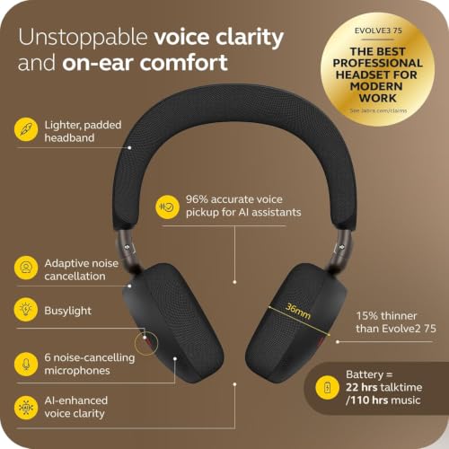 Jabra Evolve3 75 On-Ear Wireless Bluetooth Headset with Microphone, Black - image 5