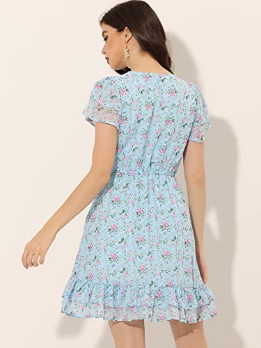 Image of Allegra K Women's Ruffle Sleeve Self-Tie V Neck Flowy Ruffled A-Line Floral Chiffon Dress