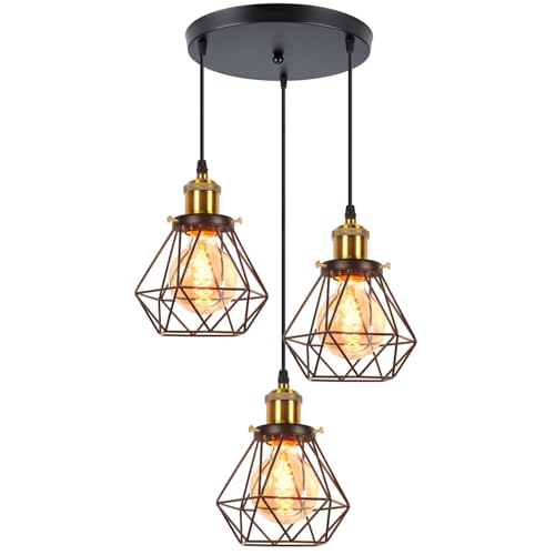 iDEGU 3 Lights Vintage Ceiling Pendant Light Fitting, 16cm Geometric Cage E27 Industrial Hanging Lamp Metal Lamp Shade for Bedroom Living Room Dining Room Kitchen (Black+Brass, 3-Light Round)