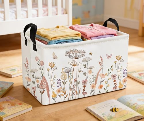 Image of Essme Rectangular Flower Basket, Storage Bins Organizer with Handles for Girls Room Decor, Gift Basket,Shelf Basket.(Beautiful Flowers)