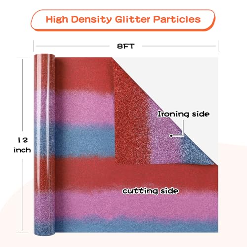 Image of guangyintong Rainbow Glitter Heat Transfer Vinyl - 12 inch x 8ft Pink Purple-Red-Blue Gradient Glitter HTV Vinyl for Shirts, Iron On Vinyl for All Cutter Machine - Easy to Cut & Weed