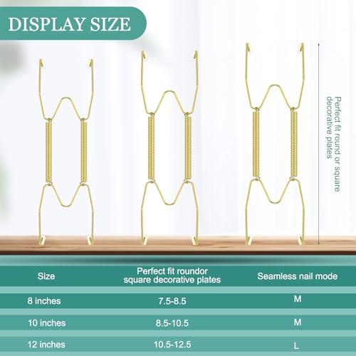 Image of Hotop 12 Pieces Plate Hangers for Wall Stainless Steel Wire Invisible Heavy Duty Plate Hangers Display Holders with 12 Pieces Hooks for Wall Decorative(8 /10 /12 Inch,Gold)