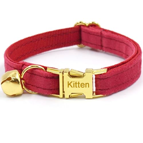 Personalized Cat Collar with Bells,Velvet Customized Small Cat Collar with Name Tag,Pet Collar with Name Phone Number Engraved ID Tags for Boy and Girl Kitten Cats (Red)