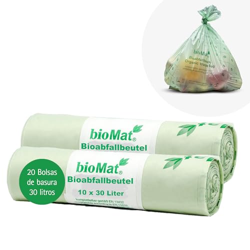 bioMat Bolsas de Basura Compostables 30l, 20 Bolsas, Certificado DINplus, Climáticamente Neutro, Fabricado en Alemania