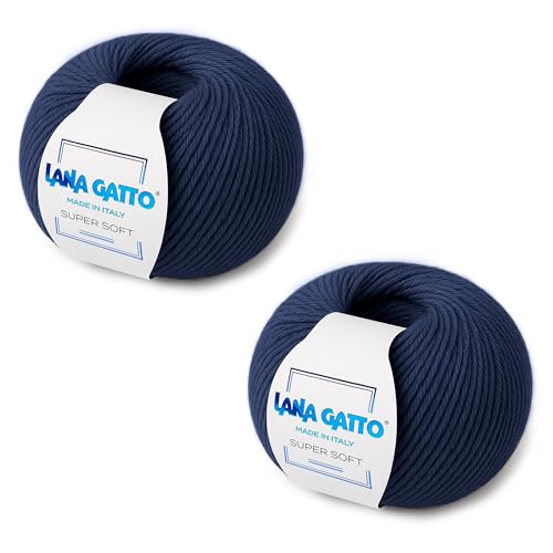 Ovillos, 100% Pura Lana Virgen Merino Extrafina de Lana Gatto, Made in Italy. Línea Super Soft, 100 g. 250 mt, (Azul, 2)
